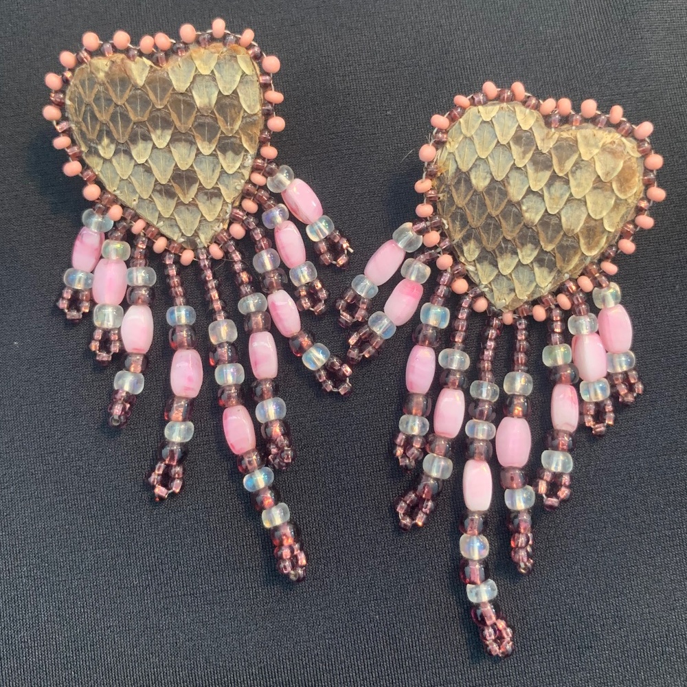 Vintage Native American Hand crafted Beaded post Earrings with feather inlay.